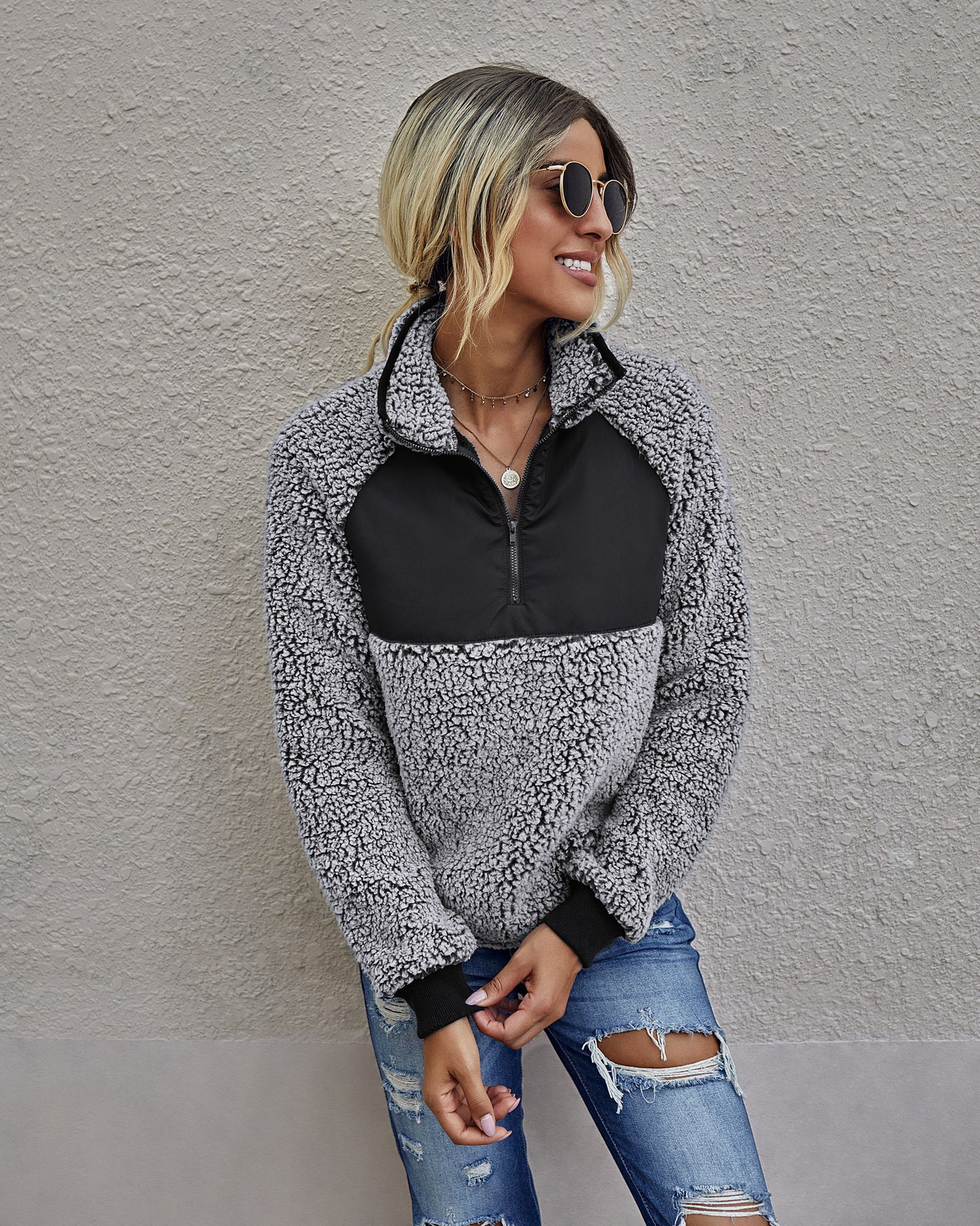 Ladies' Plush Pullover With Stand-Up Collar